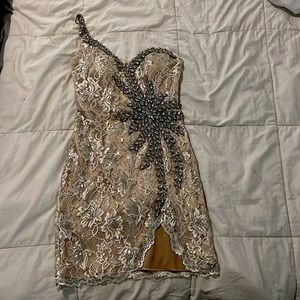 One shoulder champagne lace dress Terani couture dress